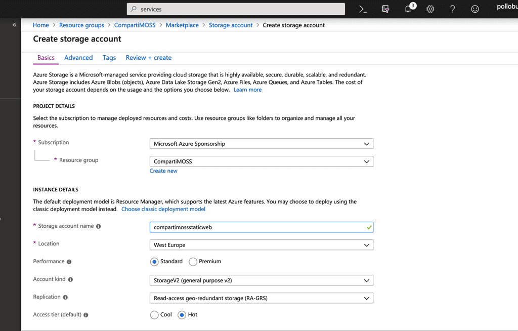 Imagen 1.- Creación de un Azure Storage GPv2.