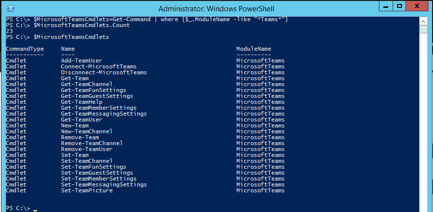 Imagen 2.- Listado de comandos PowerShell disponibles para Microsoft Teams.