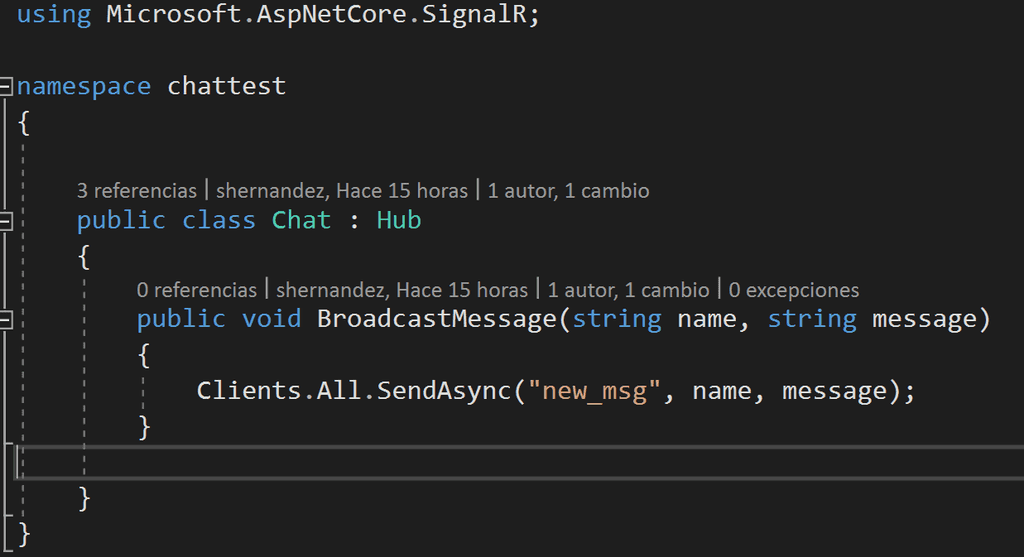 Imagen 10.- Clase hub de SignalR.