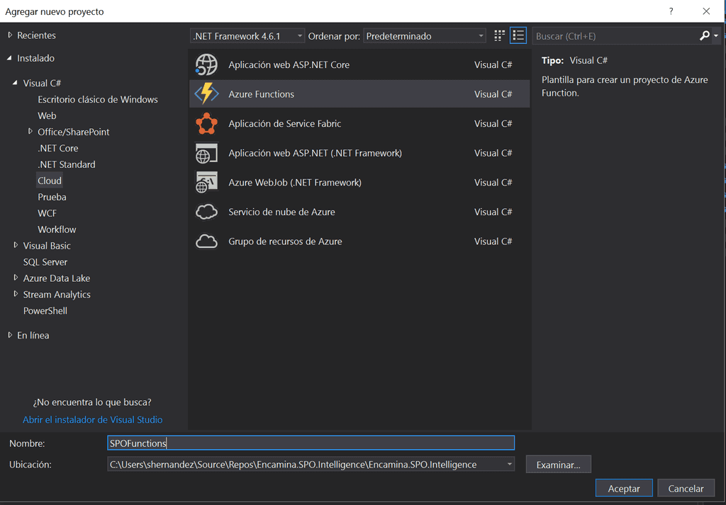 Imagen 3.- Creando un proyecto Azure Functions.