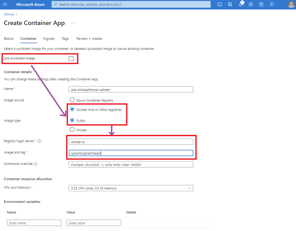 Imagen 9.- Configuración del ingreso (ingress)  para el contenedor de Qdrant. Nótese que el acceso es limitado sólo a otras aplicaciones desplegadas dentro del mismo Azure Container Environment, lo cual se hace por temas de seguridad.