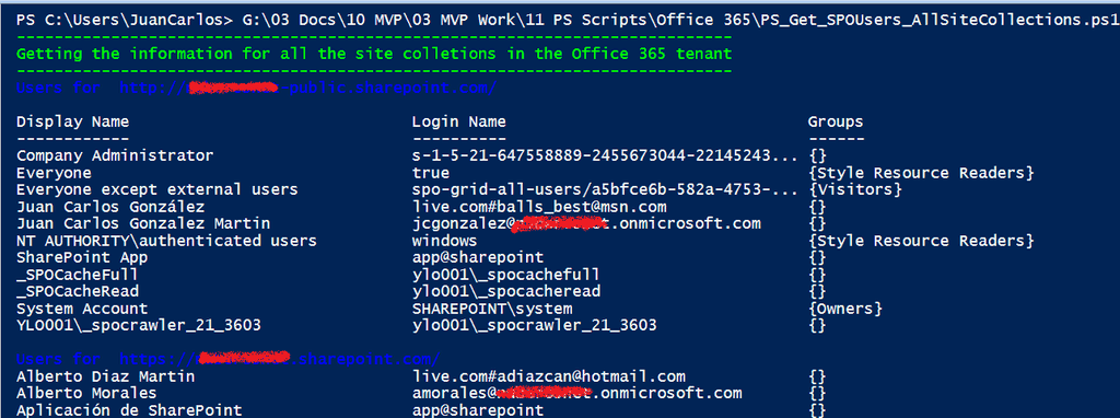 Imagen 3.- Listado de usuarios por colección de sitios en un tenant de SharePoint Online.