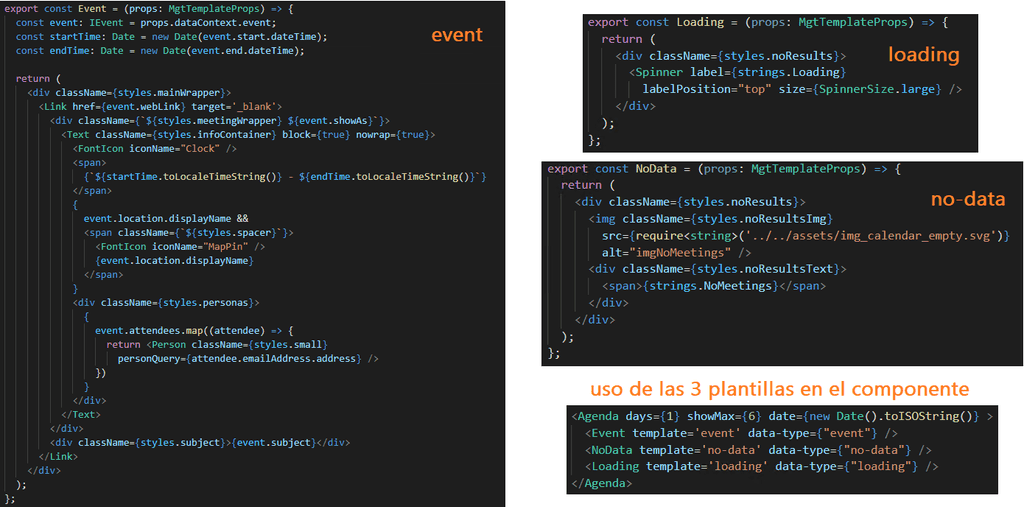 Imagen 6.- Código de cada plantilla y uso de estas en el componente de Agenda.