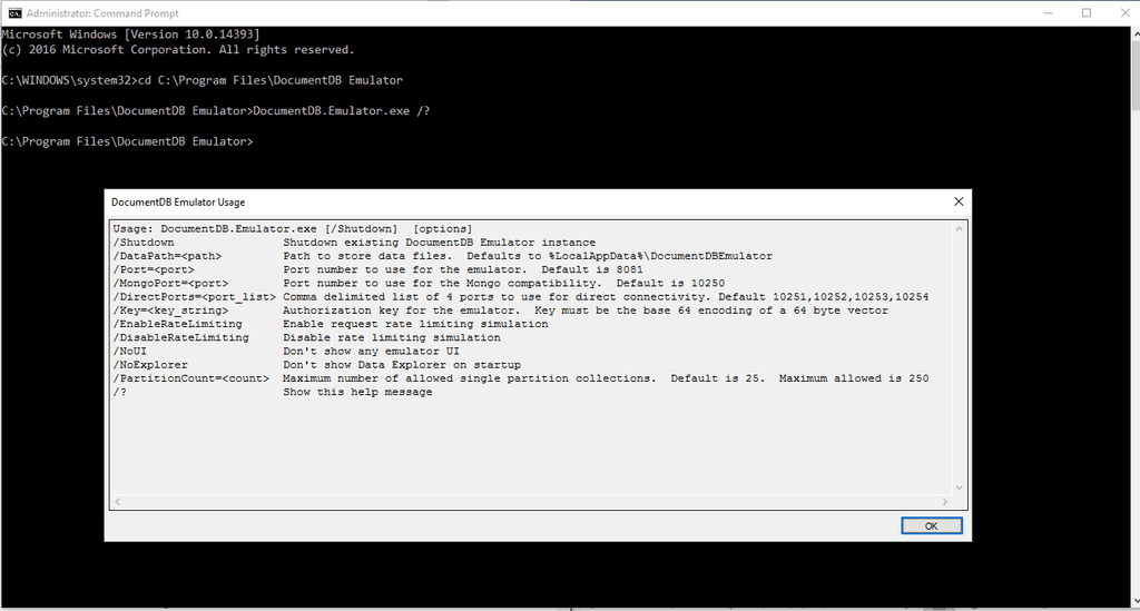 Imagen 4.- DocumentDB emulator command-line.