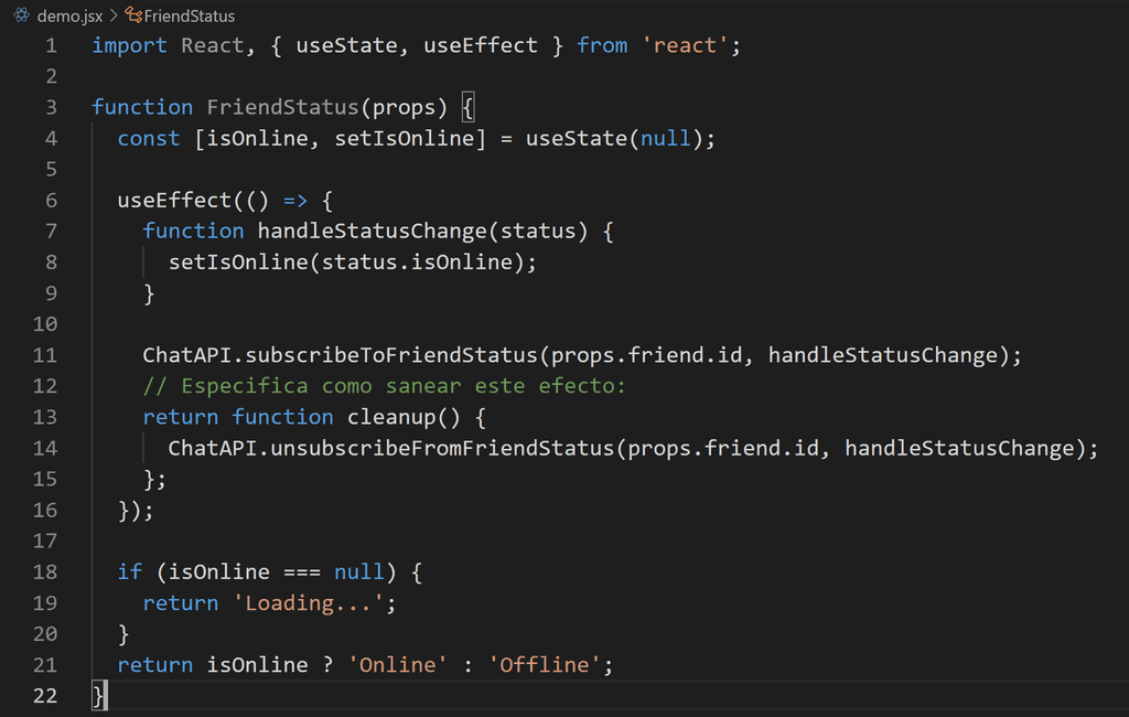 Como podéis ver en la función useEffect ahora nos devuelve una función tras ejecutar el código que se hace al montar. Este es un