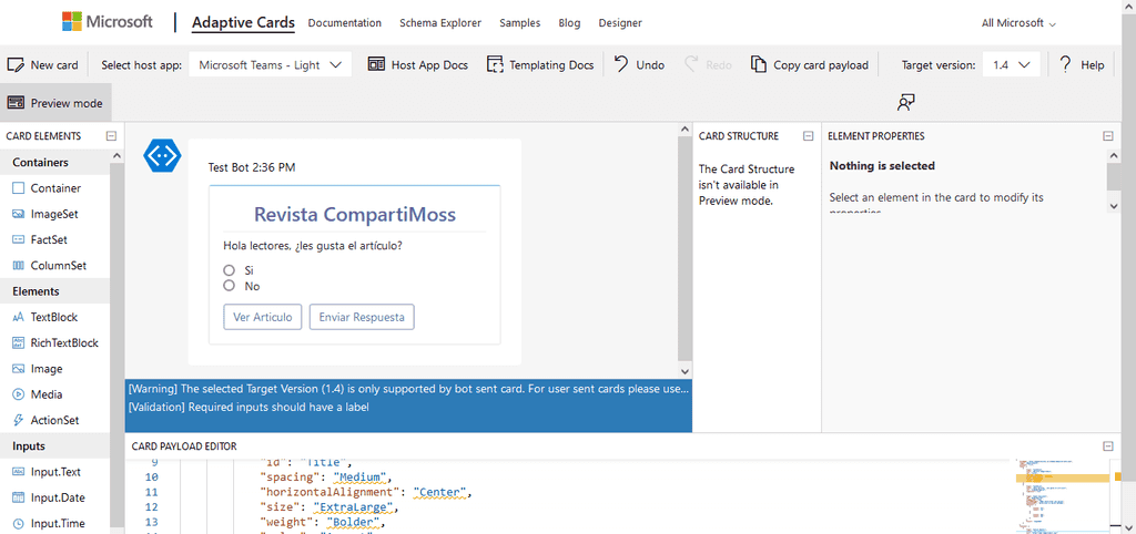 Imagen 1.- Diseñando la Adaptive Card en el Designer.