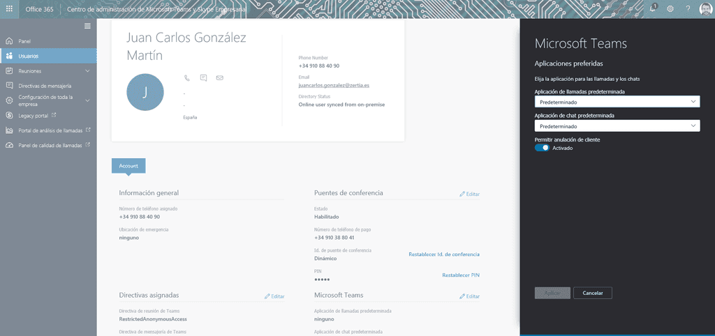 Imagen 3.- Detalle de un usuario en Microsoft Teams.