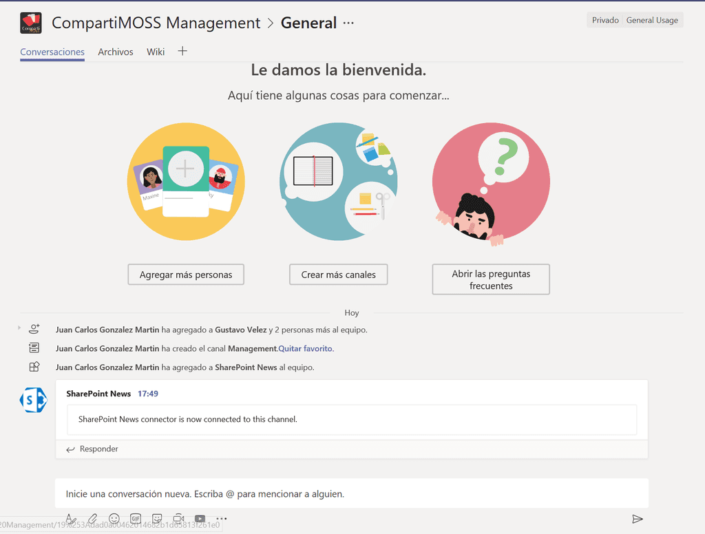 Imagen 10.- Mensaje que se añade al canal una vez se ha configurado el conector correctamente.