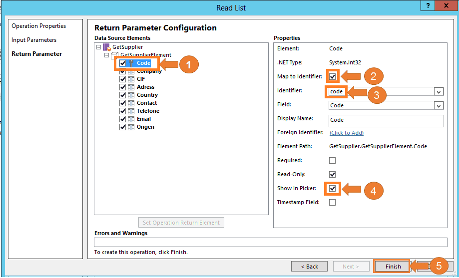 Imagen 20.- Muestra el formulario de parámetros de retorno en las operaciones de lectura de la lista.