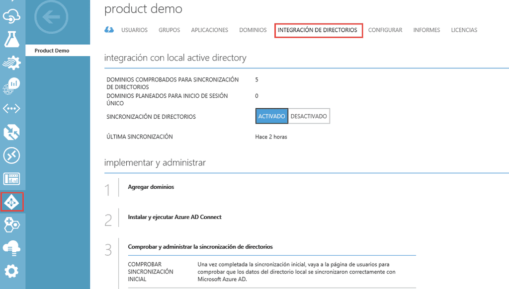 Imagen 2.- Pestaña INTEGRACIÓN DE DIRECTORIOS en Azure AD.