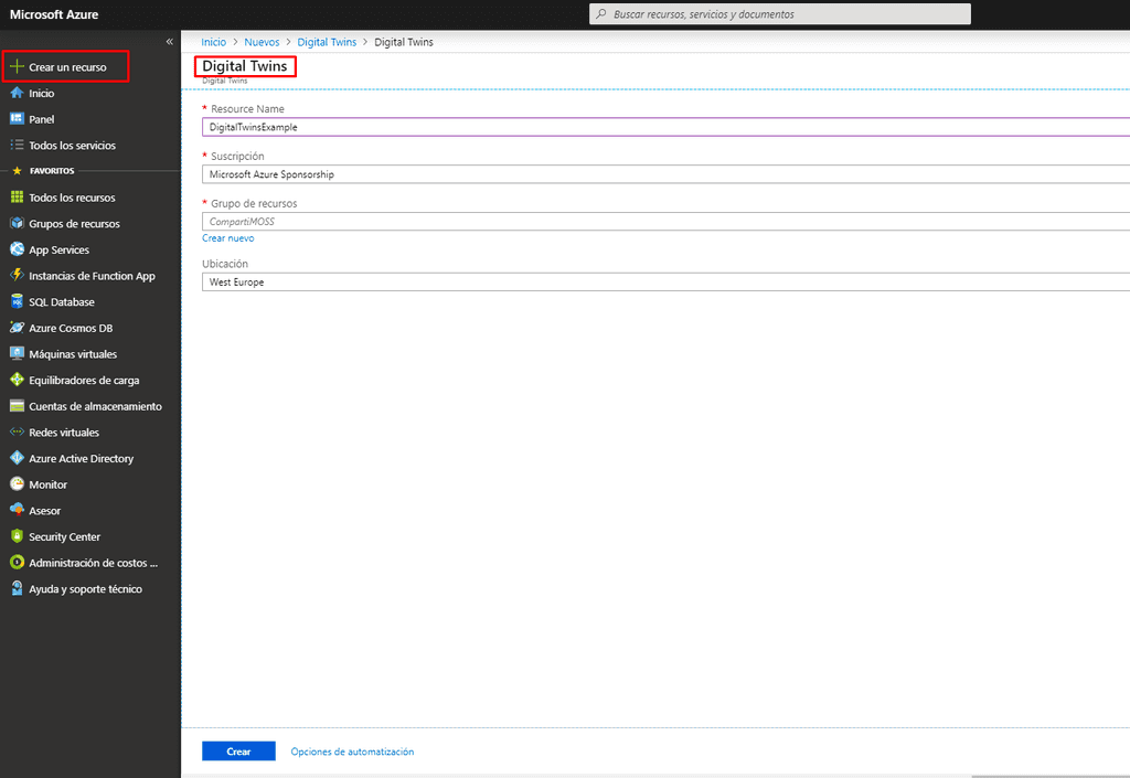 Imagen 1.- Creación del recurso de Digital Twins en el portal de Azure.