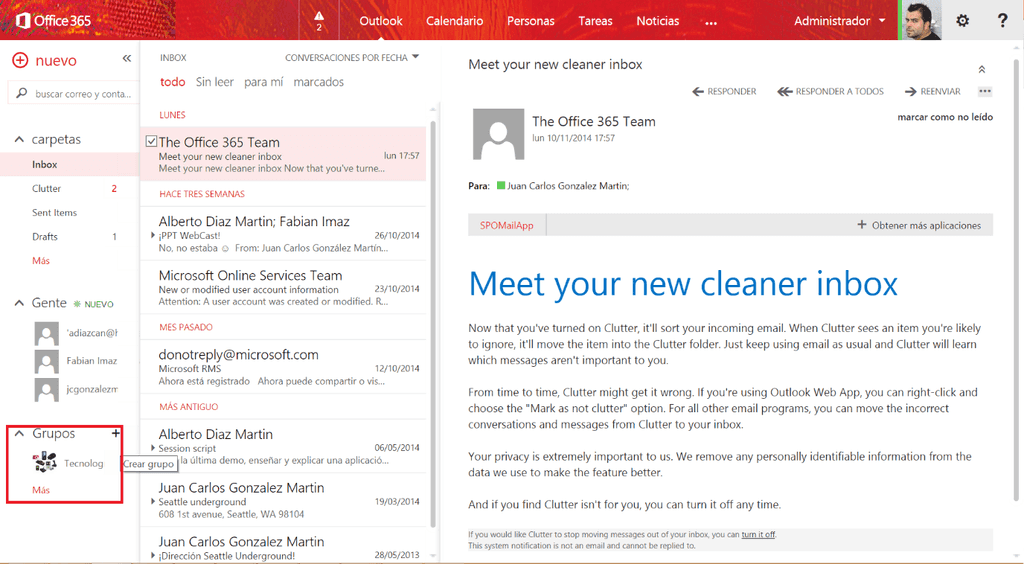 Imagen 1.- Acceso a la funcionalidad de Grupos de Office 365.