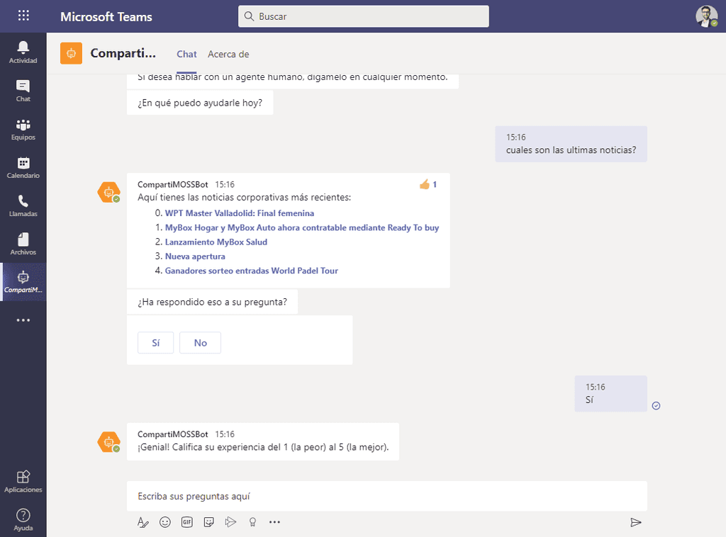 Imagen 13.- Petición de noticias desde la conversación con el Bot en Microsoft Teams.