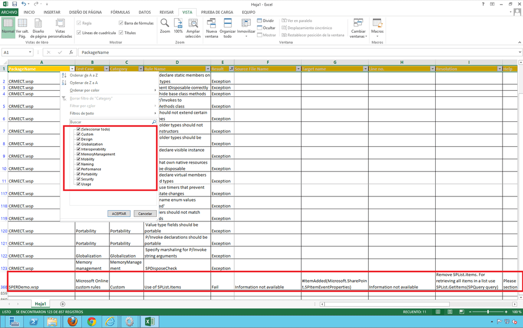 Imagen 6.- Resultados detallados del análisis de MSOCAF en formato Excel.