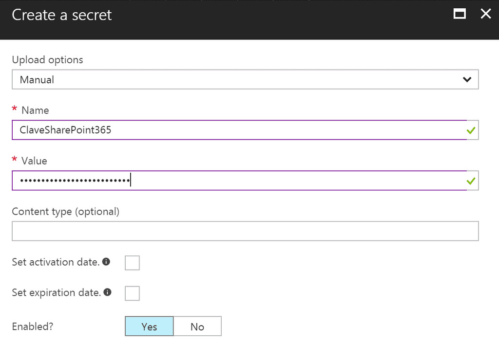 Imagen 3.- Creación de un secreto en el Key Vault en Azure.