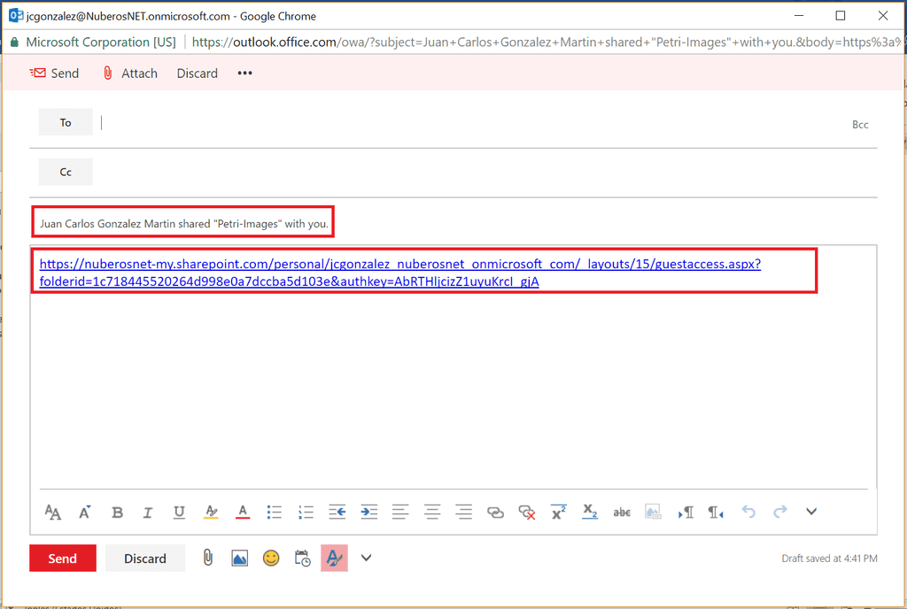 Imagen 6.- Editor de correo de Outlook listo para compartir el archivo o carpeta.