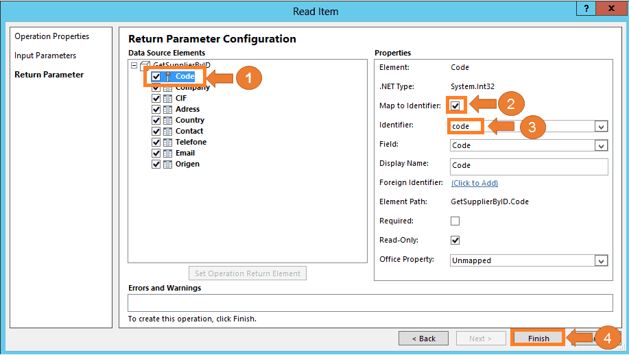 Imagen 24.- Muestra el formulario de parámetros de retorno en las operaciones de lectura de un elemento.