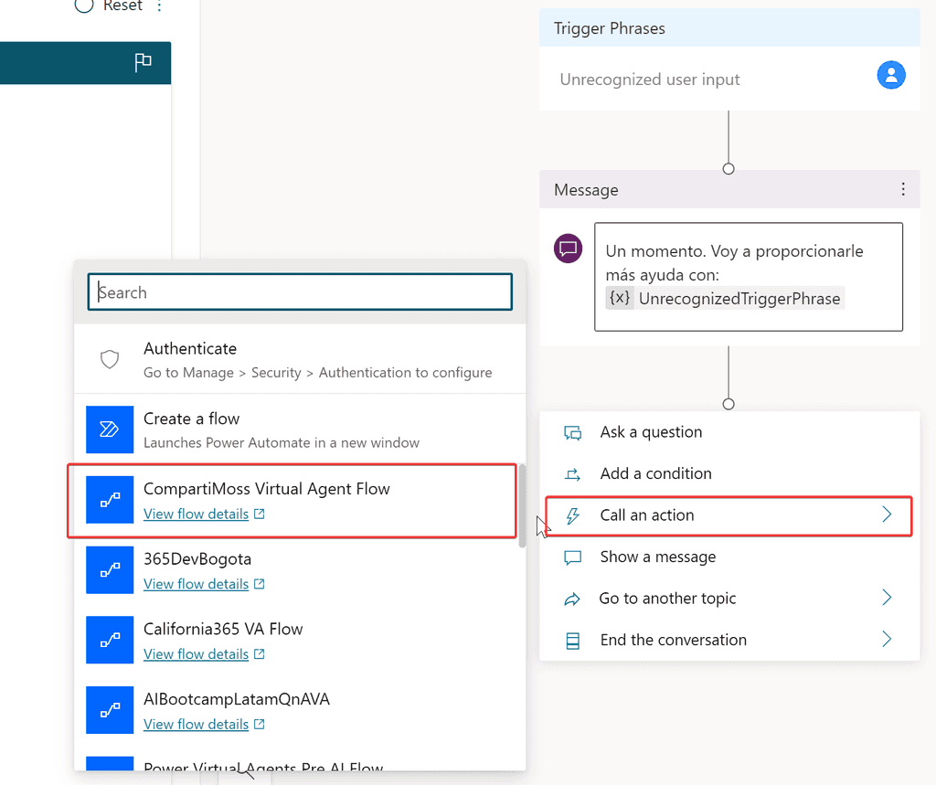 Imagen 13.- Agregando el Flow creado al Power Virtual Agent.