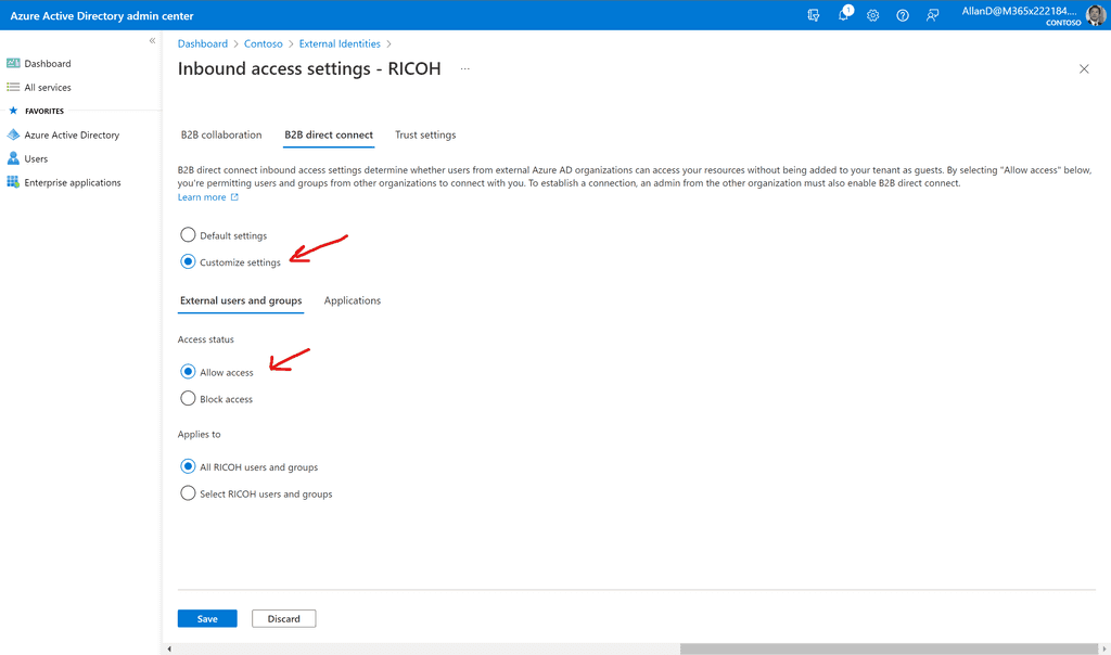 Imagen 9.- Configuraciones personalizadas de Azure AD B2B direct conect para colaboración externa entrante (Inbound).