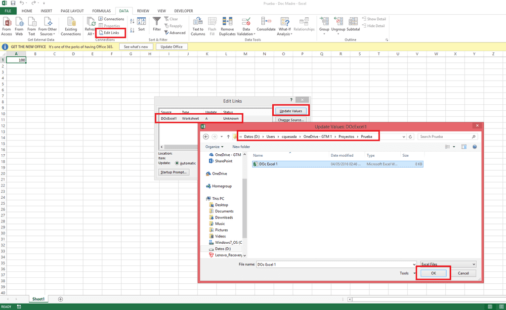 Imagen 6.- Actualización de vínculso en Excel.