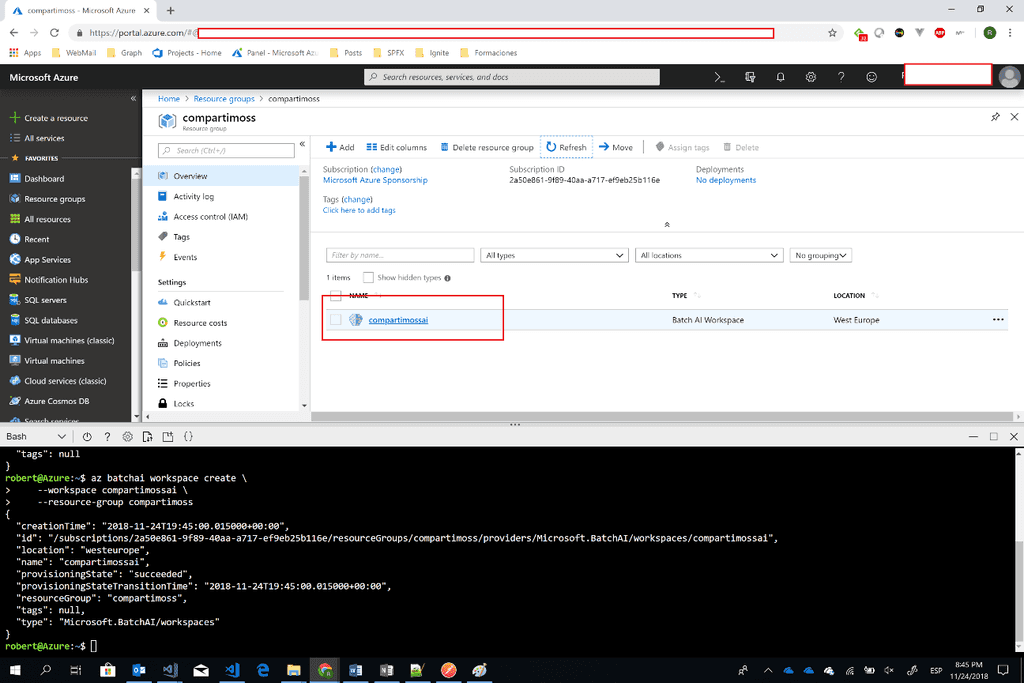 Imagen 4.- Creación del servicio de Azure Batch AI en el grupo de recursos.