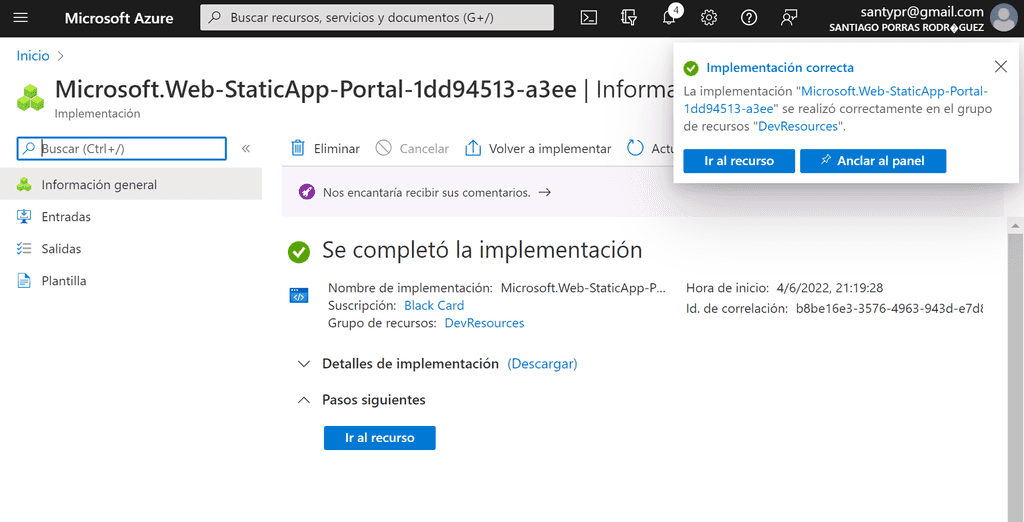 Imagen - Azure Static Web App creada