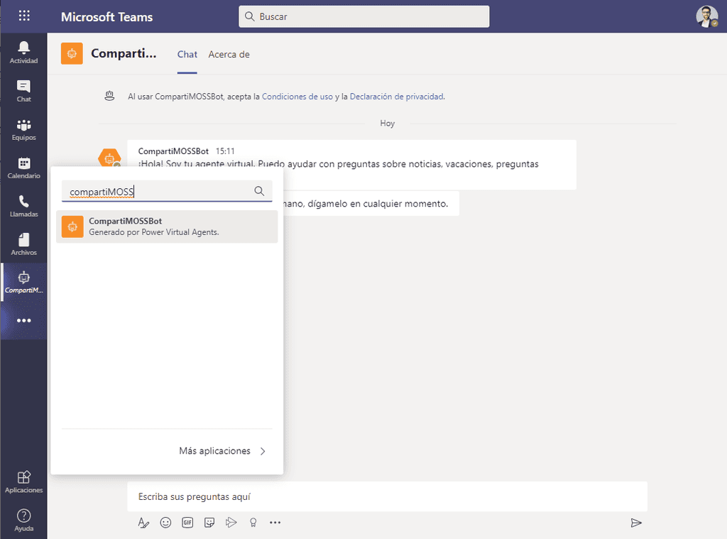 Imagen 12.- Buscar y Agregar el Bot como pestaña dentro de Microsoft Teams.