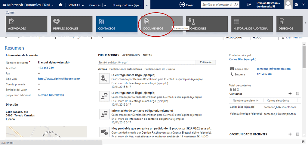 Imagen 11.- Acceso a los documentos desde una cuenta del CRM.