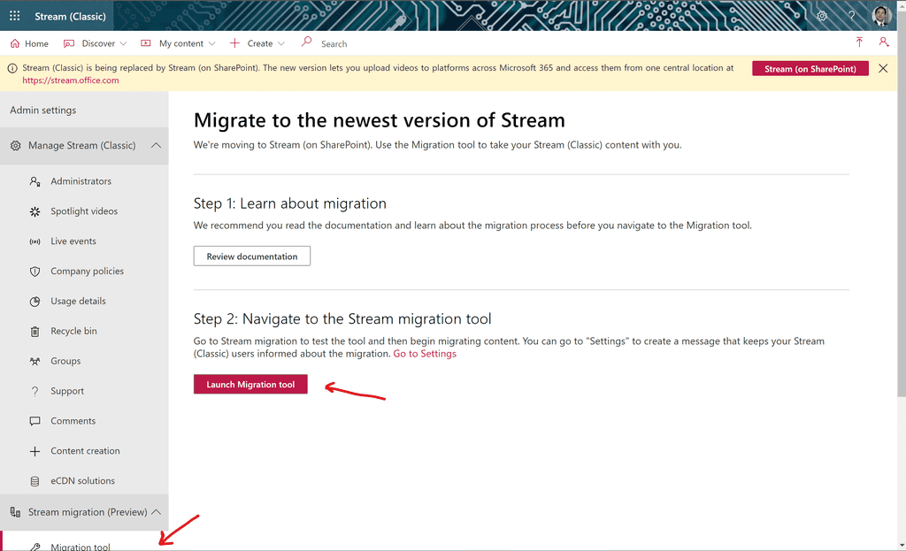 Imagen 1.- Accediendo a la herramienta de migración desde el Admin Center de Stream Clásico.