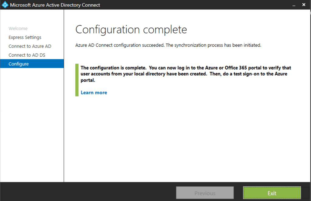 Imagen 10.- Asistente para la configuración de Azure AD Connect, Finalizado con Éxito.