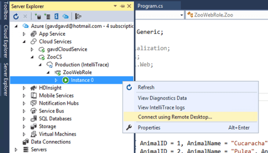 Imagen 10.- Conectar con el Remote Desktop del servicio desde Visual Studio.