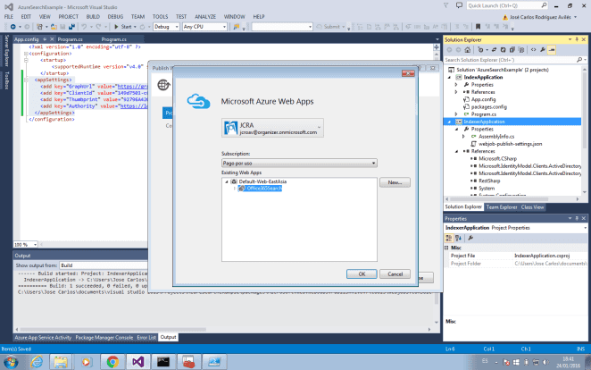 Imagen 10.- Pasos de despliegue de una solución de Visual Studio como webjob en Azure.