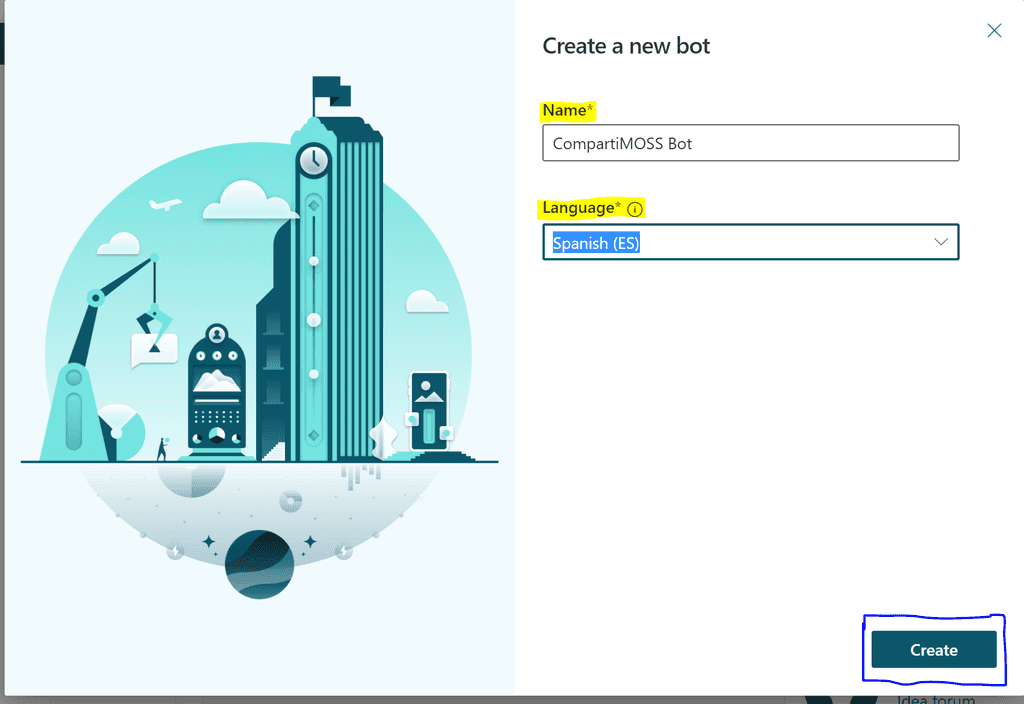 Imagen 5.- Parámetros iniciales de creación del chatbot.