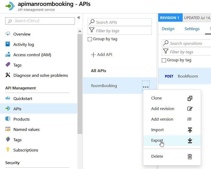 Imagen 1.- Exportar la definición de OpenAPI desde Azure.