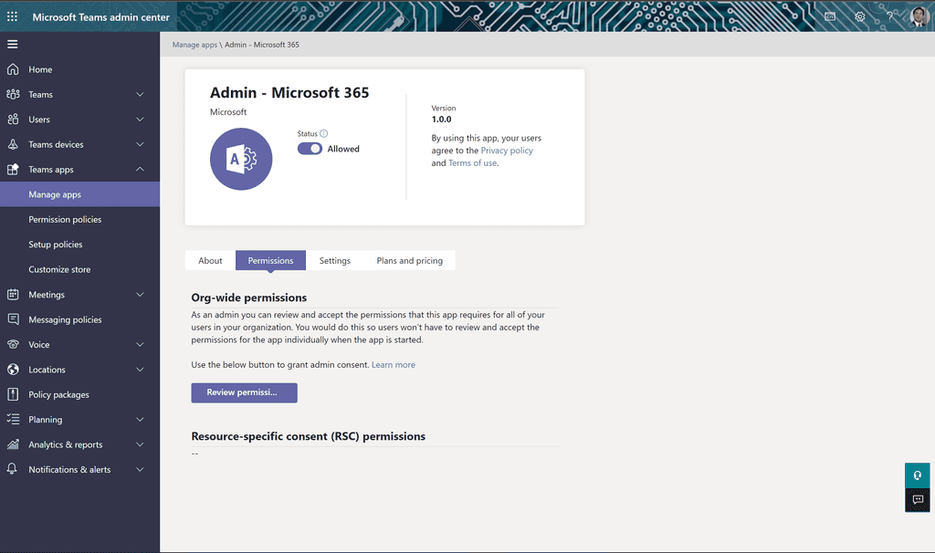 Imagen 2.- Sección de permisos en la Admin -- Microsoft 365 App.