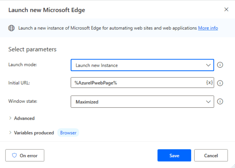 Imagen 22.- Configuración de la acción "Launch new Microsoft Edge".