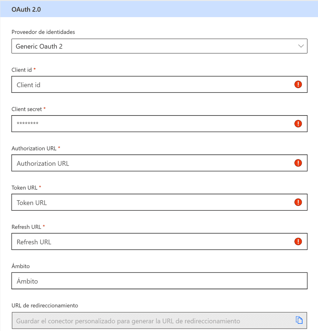 Imagen 6.- Parámetros de configuración para Oauth 2.0.