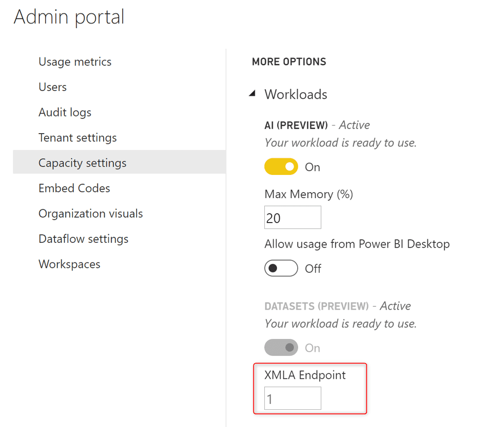 Imagen 4.- Configuraciones en el Portal de Administración de Power BI.