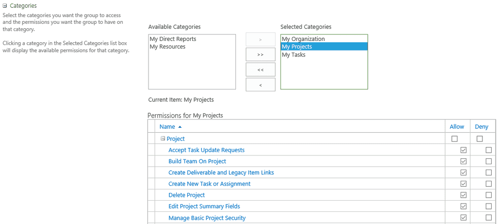 Imagen 5.-  Permisos para la categoría “My Projects”.