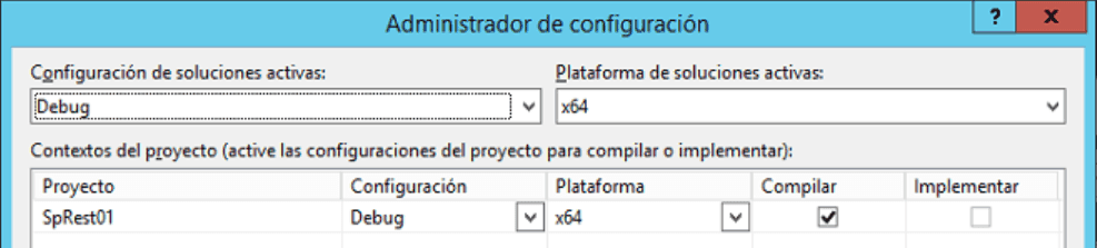 Imagen 1.- Configuración de "x64" como Plataforma de compilación.