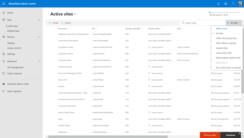 Imagen 3.- Listado de Sitios activos en un tenant y vistas de información por defecto.