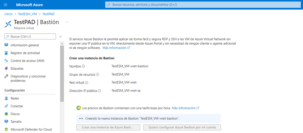 Imagen 20.- Creando una instancia de Azure Bastion.