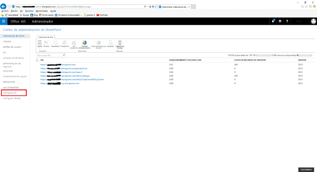 Imagen 6.- Acceso a la administración central de SharePoint Online.