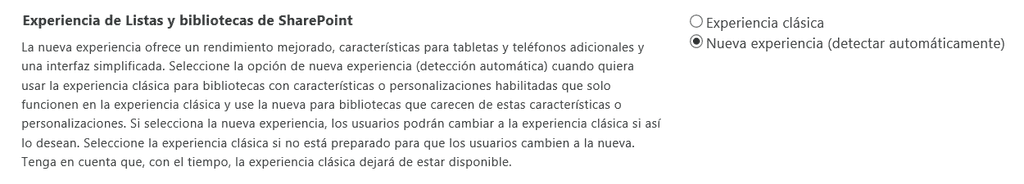 Imagen 12.- Configuración de la nueva experiencia de Lista y Bibliotecas de Documentos a nivel de tenant de SPO.