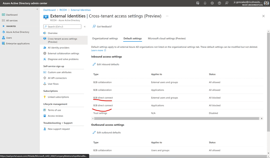 Imagen 6.- Configuración por defecto de Azure AD direct Connect en un tenant.