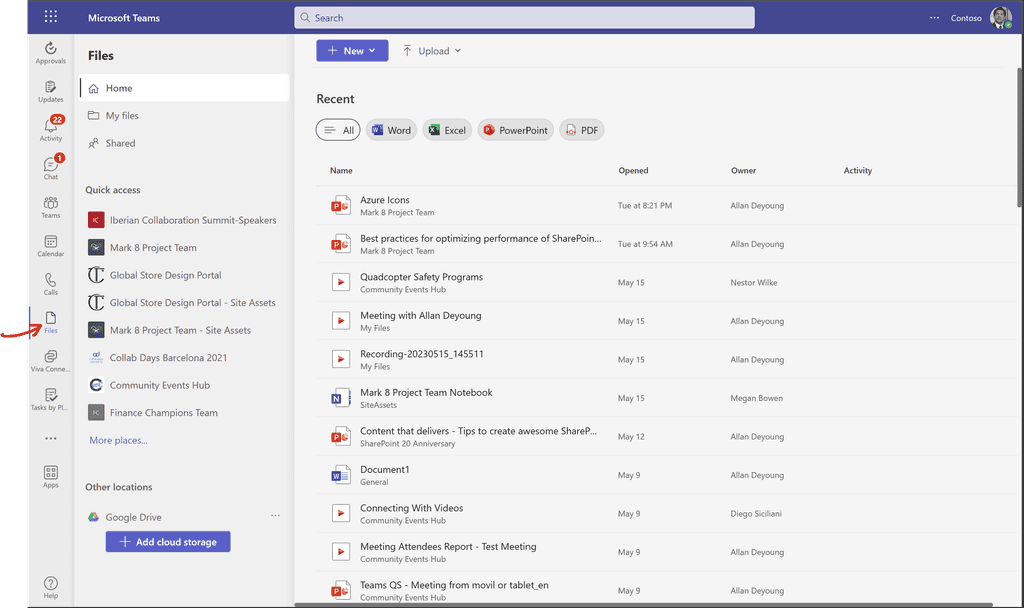 Imagen 1.- Accediendo a la Files App en Microsoft Teams.