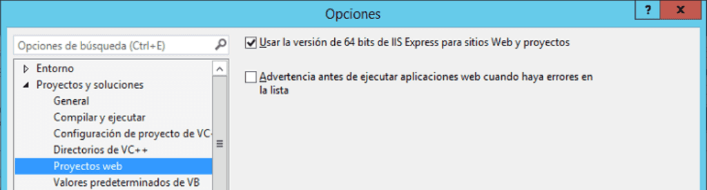 Imagen 2.- Configuración de "x64" para IIS Express.