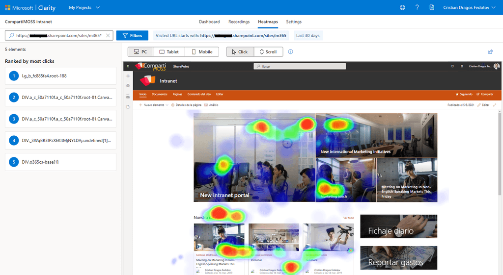 Imagen 10.- Mapa de calor de clics en páginas (Heatmaps - Tap) en Microsoft Clarity.