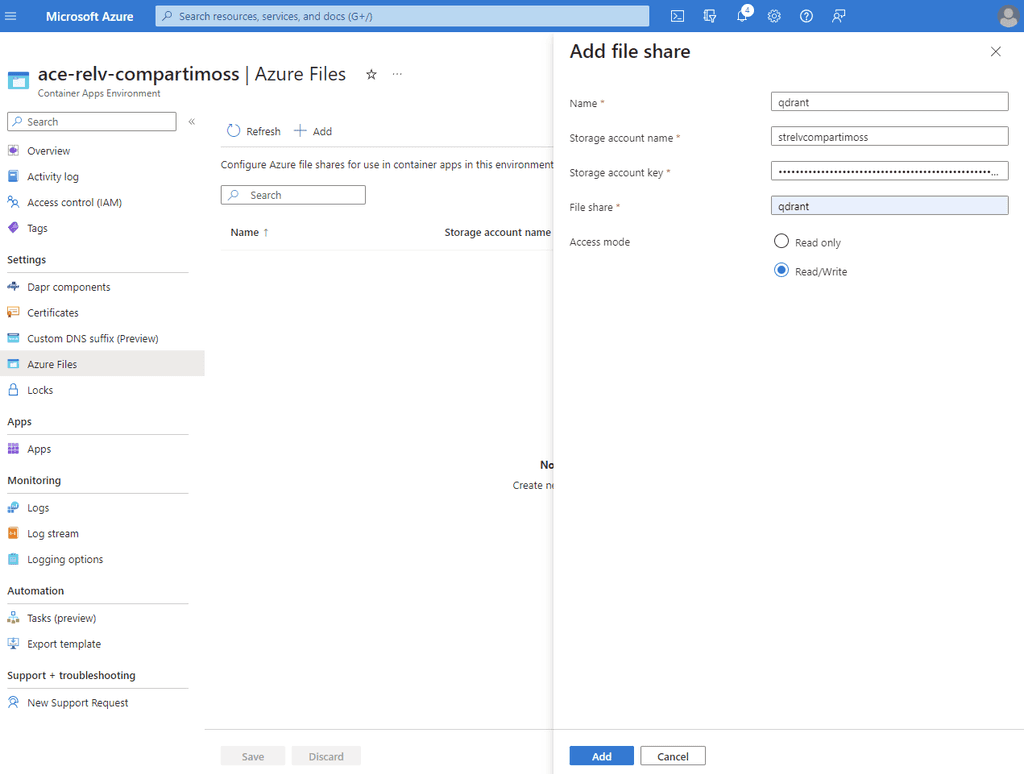 Imagen 13.- Comando del Azure CLI para extraer la configuración del contenedor de Qdrant.