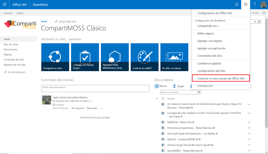 Imagen 3.- Opción “Conectar un nuevo grupo de Office 365” en un sitio clásico de SPO.